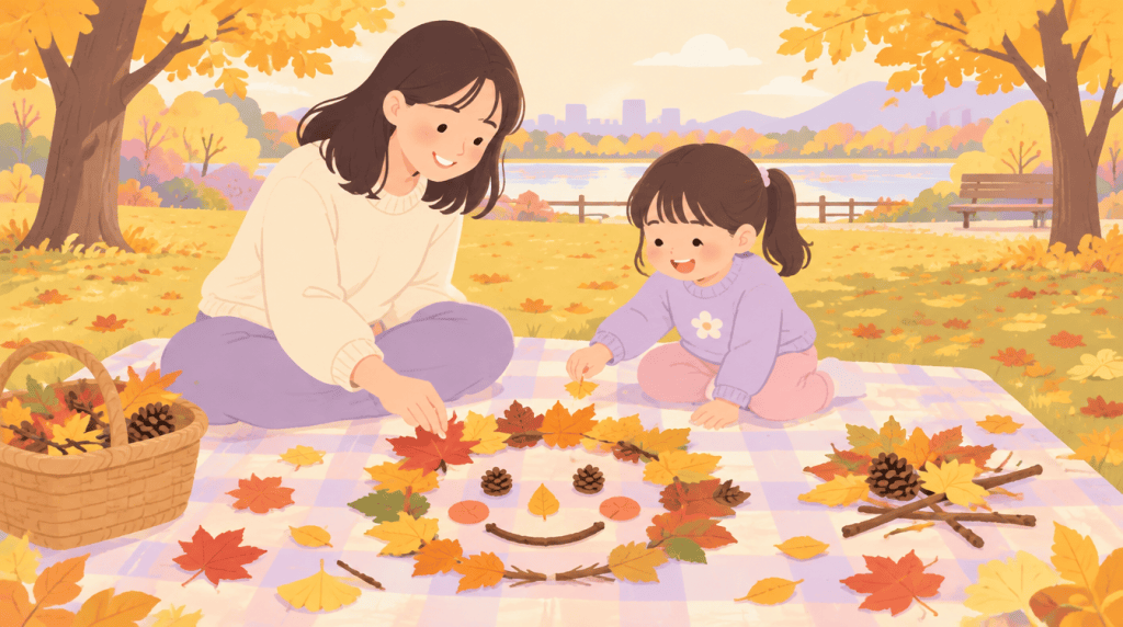 가을 공원 돗자리에서 낙엽과 솔방울로 웃는 얼굴을 만드는 엄마와 아이 일러스트