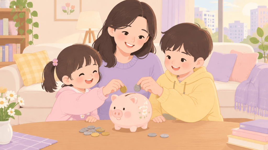 엄마와 함께 돼지 저금통에 동전을 넣으며 웃는 두 아이 일러스트