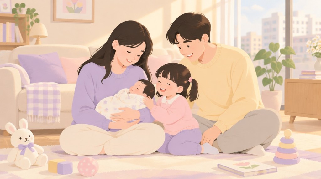 거실에서 신생아를 안고 있는 엄마와 웃고 있는 누나, 아빠가 함께 앉아 있는 가족 일러스트