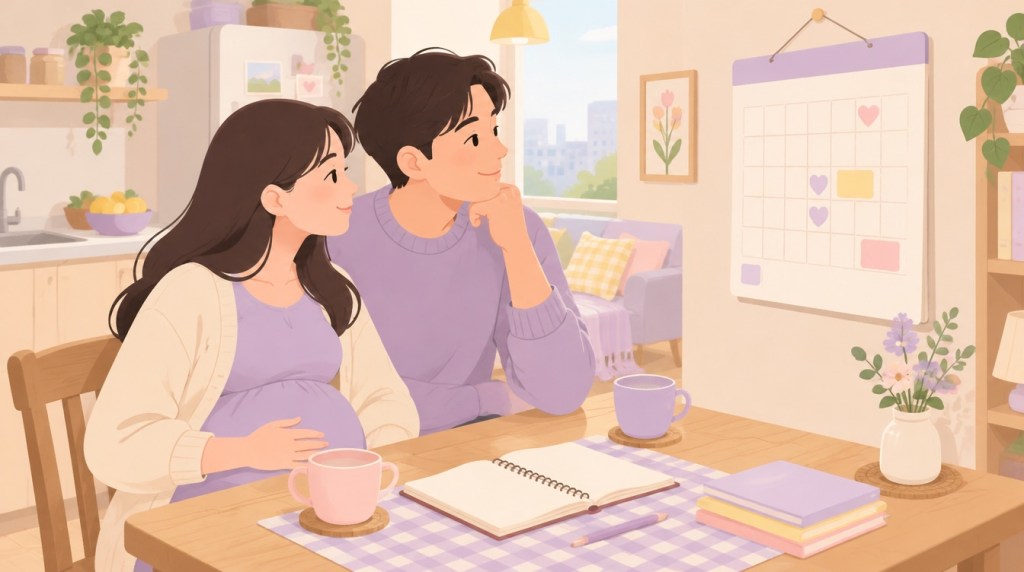 식탁에 앉아 벽에 걸린 달력을 함께 보며 출산을 준비하는 임신한 엄마와 아빠 일러스트