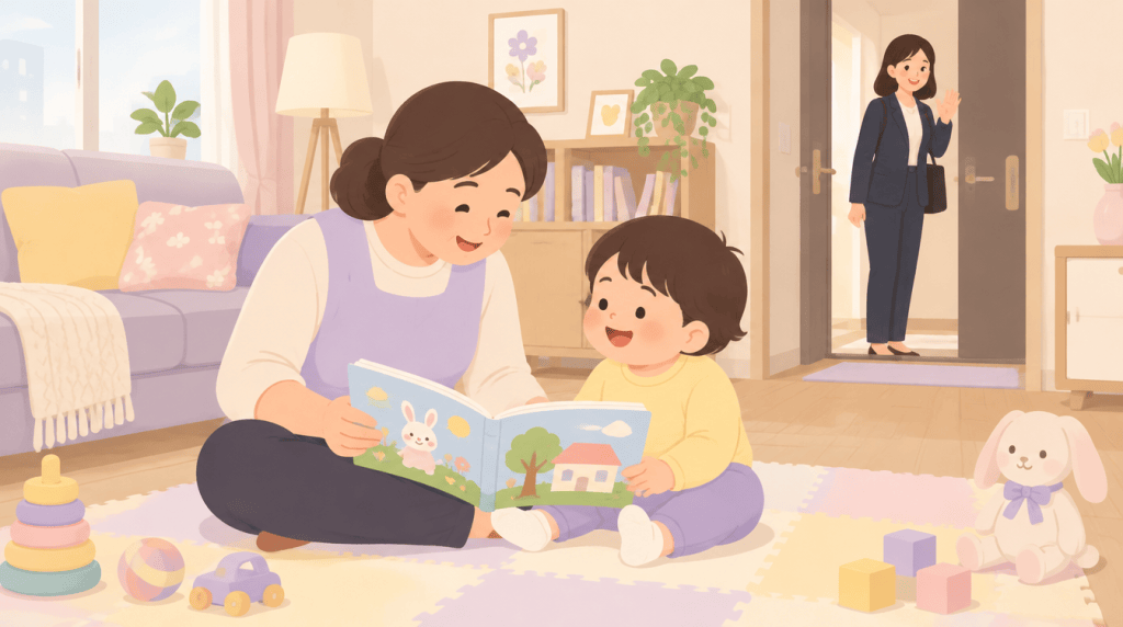 아이돌보미가 거실에서 아이에게 그림책을 읽어 주고, 출근하는 엄마가 손을 흔드는 일러스트
