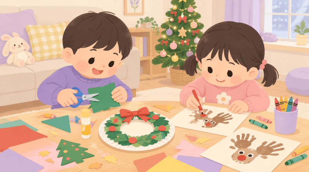 아이들이 집에서 종이접시 리스와 손도장 루돌프를 만드는 일러스트