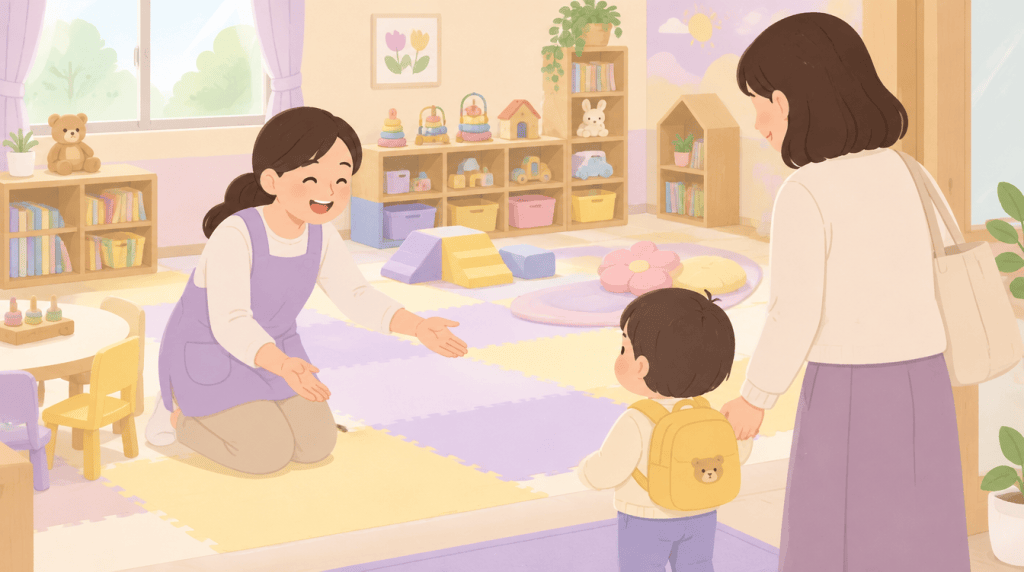 어린이집 교실에서 선생님이 엄마 손을 잡고 온 아이를 반갑게 맞이하는 일러스트