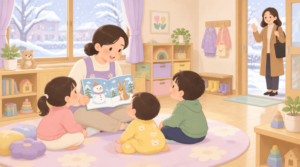 눈 내리는 겨울 어린이집 교실에서 선생님이 여러 연령 아이들에게 그림책을 읽어 주는 일러스트