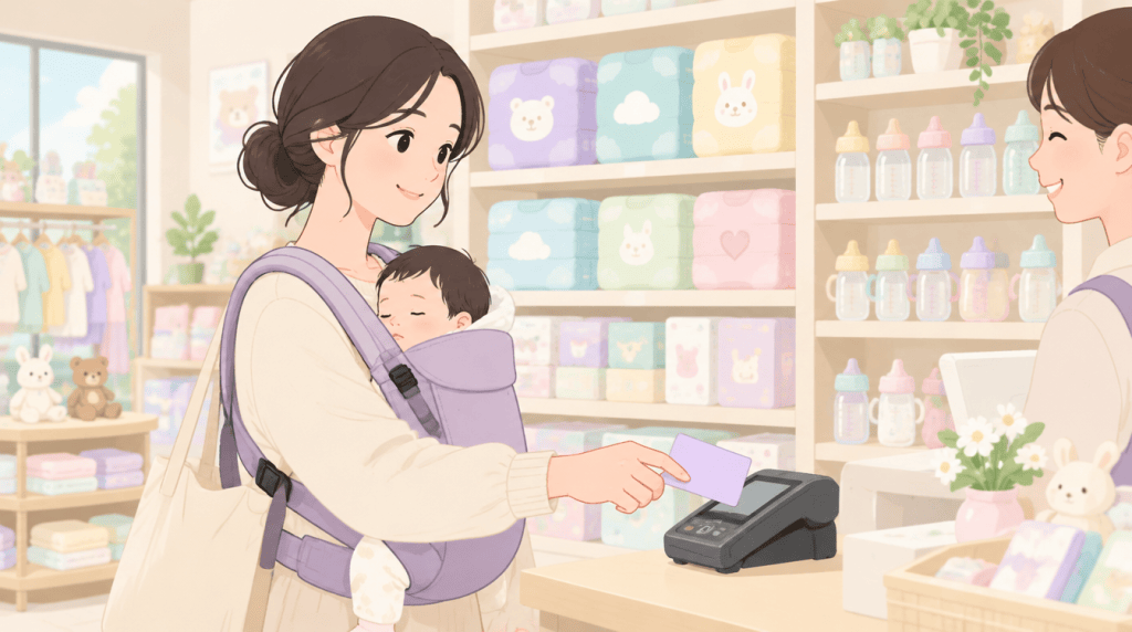 아기띠로 신생아를 안은 엄마가 유아용품 매장에서 카드로 결제하는 일러스트