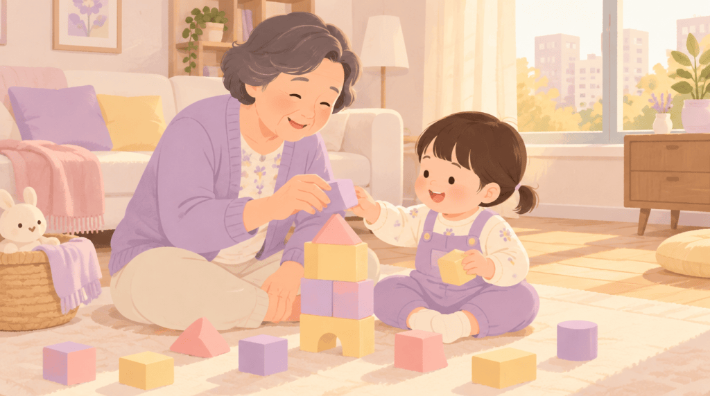 거실 바닥에서 두 살 손주와 쌓기 블록을 하며 웃는 할머니 일러스트