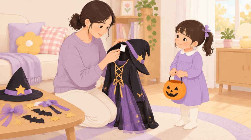 엄마가 아이의 마녀 코스튬 라벨을 꼼꼼히 확인하고 아이는 호박 바구니를 들고 기다리는 일러스트