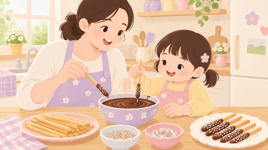 엄마와 아이가 막대과자를 초콜릿에 찍고 스프링클을 뿌리는 일러스트