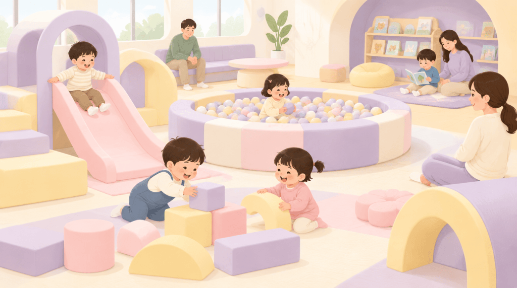 볼풀과 미끄럼틀이 있는 공공 실내놀이터에서 노는 아이들 일러스트