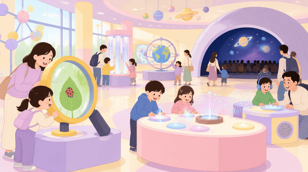 아이들이 돋보기와 체험 테이블로 과학을 배우는 어린이과학관 일러스트