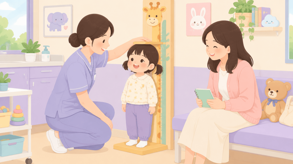 소아과에서 간호사가 아이 키를 재고 엄마가 옆에서 지켜보는 일러스트