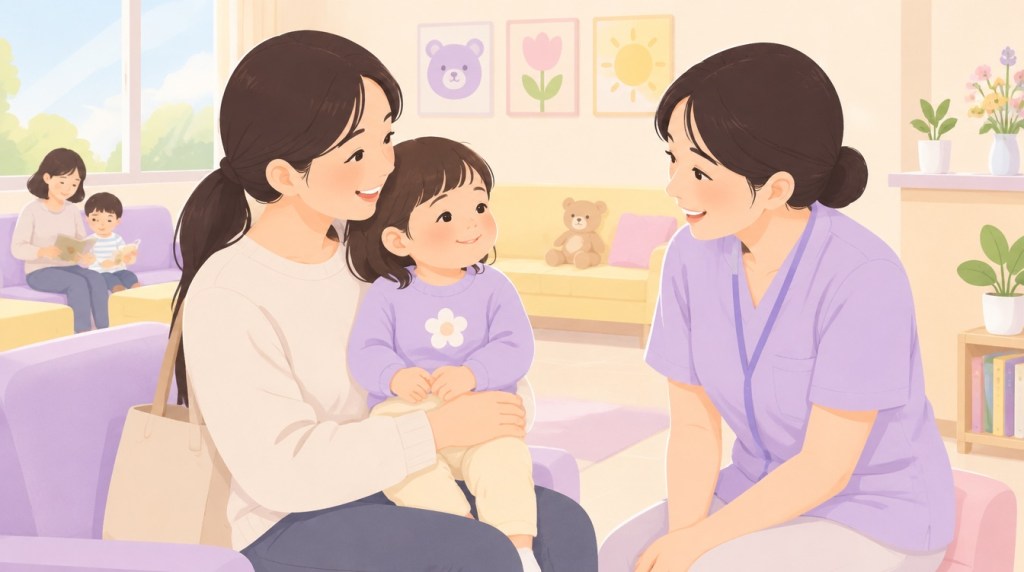 밝은 소아과 대기실에서 엄마 무릎에 앉은 아이가 간호사와 이야기하는 일러스트