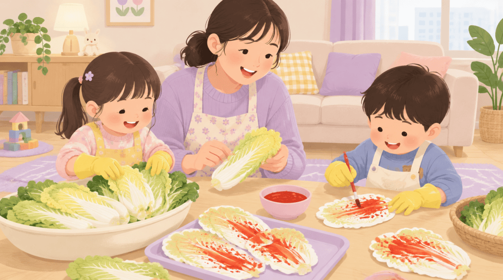 고무장갑을 낀 아이들이 엄마와 배추잎을 만지고 종이 배추에 빨간 물감을 칠하는 김장놀이 일러스트