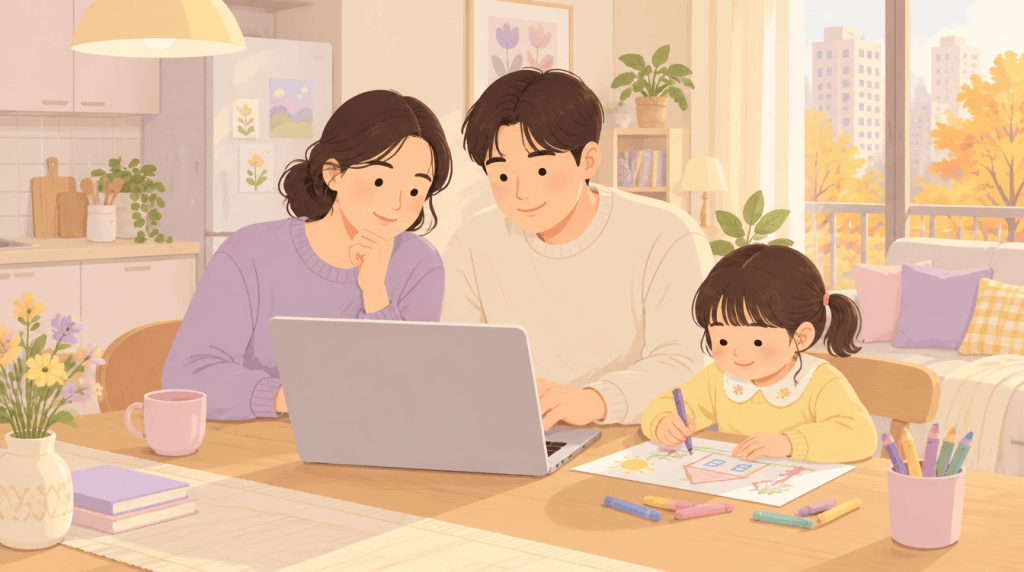 식탁에서 노트북을 보며 유치원을 고르는 엄마 아빠와 그림을 그리는 아이 일러스트