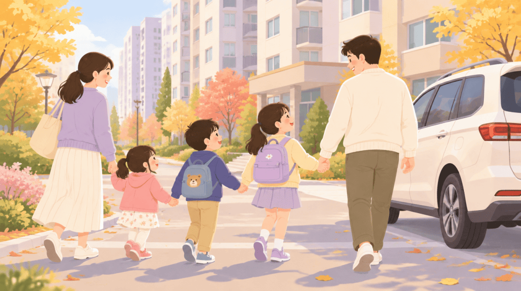 세 아이와 부모가 손을 잡고 아파트 단지에서 자동차로 걸어가는 가족 일러스트