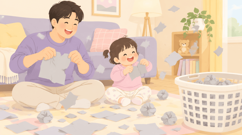 거실 바닥에서 아빠와 아기가 종이를 찢으며 놀고 빨래 바구니에 종이 공을 넣는 일러스트