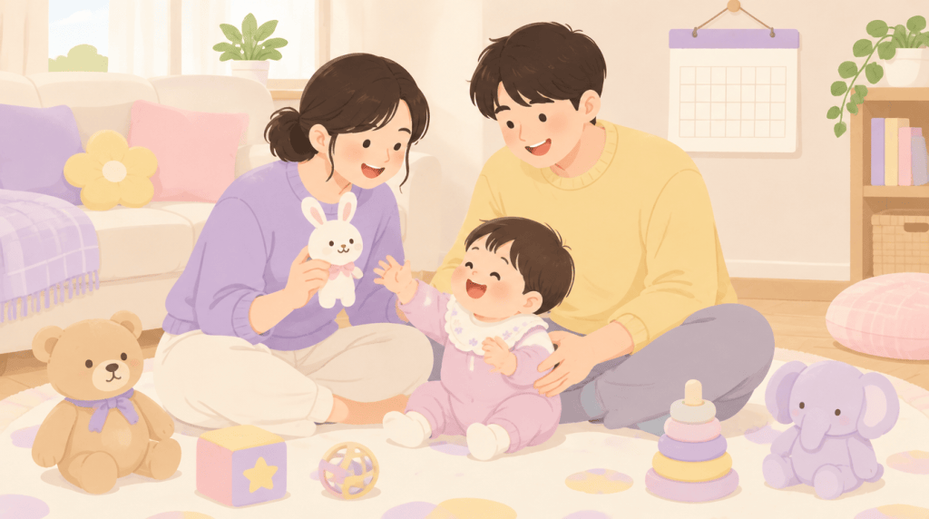 거실 바닥에서 엄마 아빠가 웃는 아기와 놀아 주는 일러스트