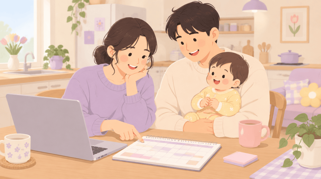 식탁에서 노트북과 달력을 보며 육아휴직을 계획하는 엄마와 아기를 안은 아빠 일러스트