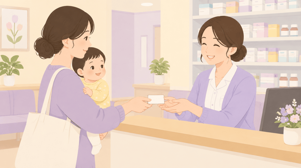 아기를 안은 엄마가 병원 접수대에서 카드를 건네는 일러스트