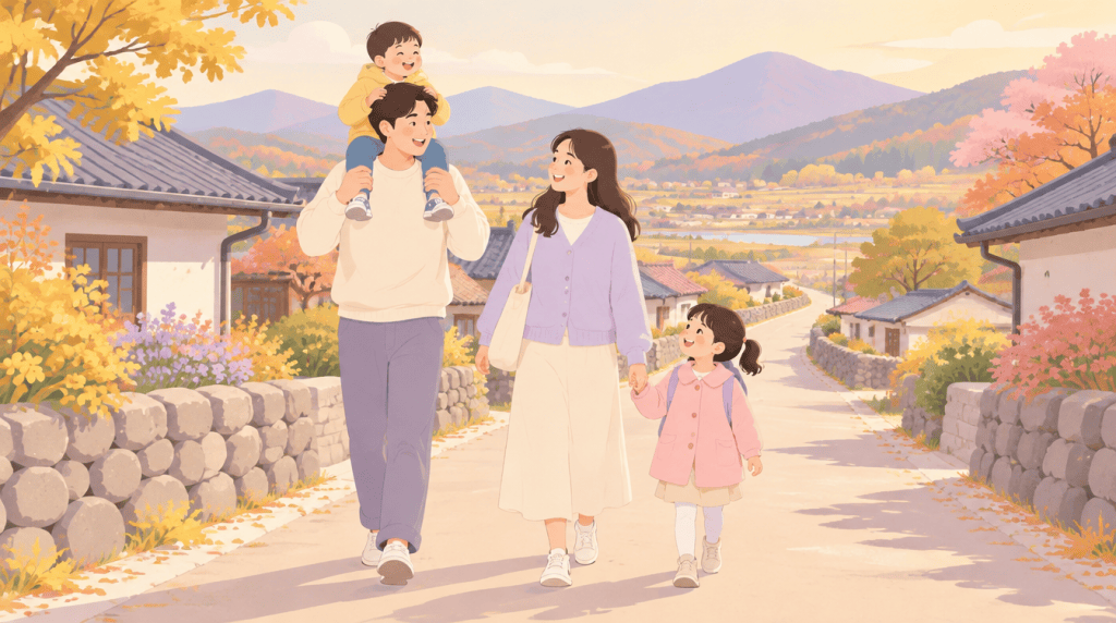가을 단풍이 물든 시골 마을 길을 함께 걷는 엄마, 아빠, 아이 둘 일러스트