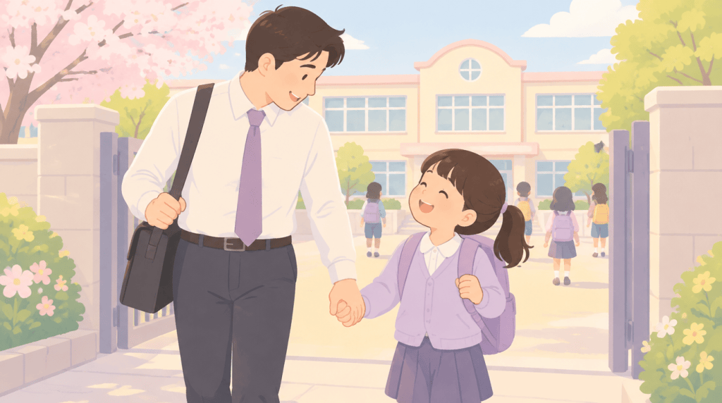 일찍 퇴근한 아빠가 학교 앞에서 아이와 손잡고 걷는 일러스트