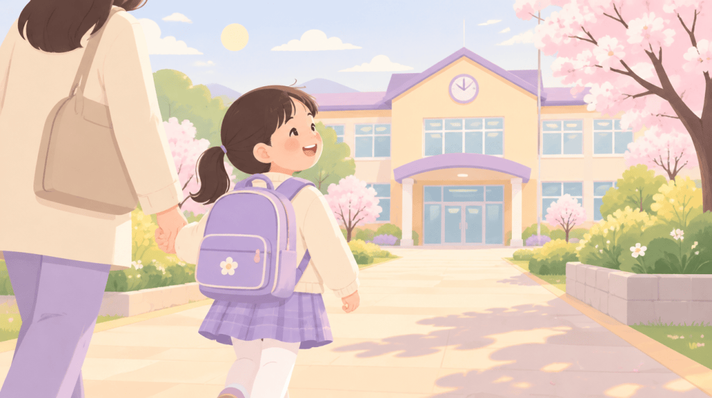 새 책가방을 메고 엄마 손을 잡고 초등학교로 걸어가는 아이 일러스트