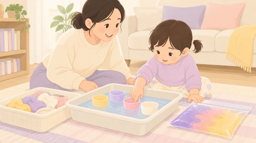 거실 바닥에서 물이 담긴 대야와 물감 지퍼백으로 감각놀이를 하는 엄마와 두 살 아기 일러스트