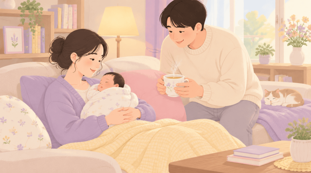 집에서 신생아를 안고 쉬는 엄마에게 아빠가 따뜻한 차를 건네는 일러스트