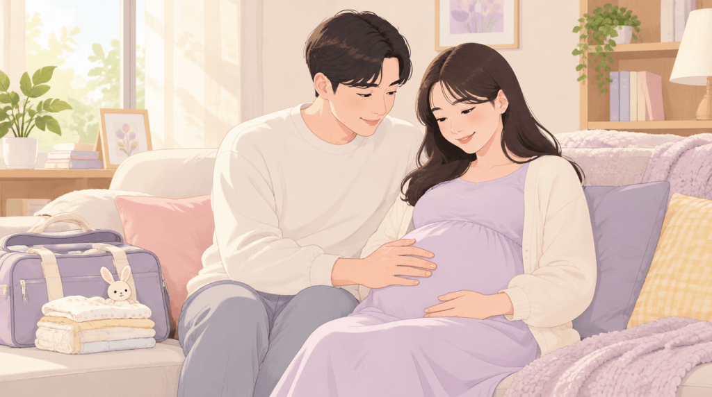 출산을 앞둔 아내의 배에 손을 얹고 함께 웃는 남편 일러스트