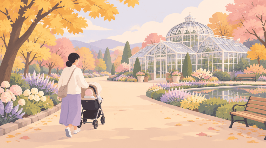 온실이 보이는 평평한 수목원 길에서 유모차를 미는 엄마 일러스트