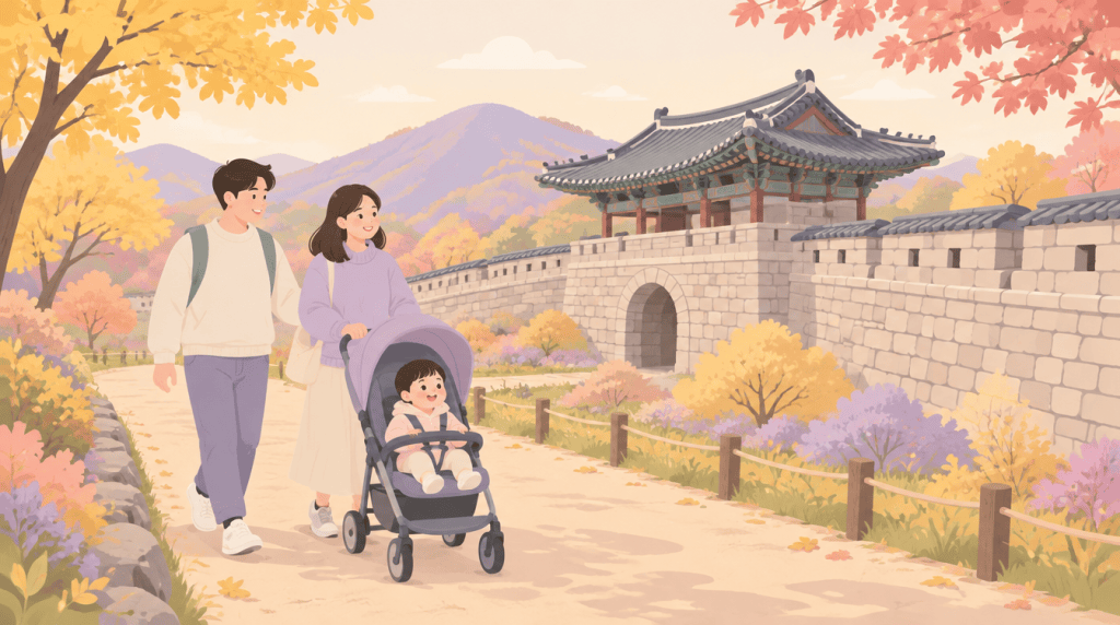 성곽길을 따라 유모차를 밀며 산책하는 가족 일러스트