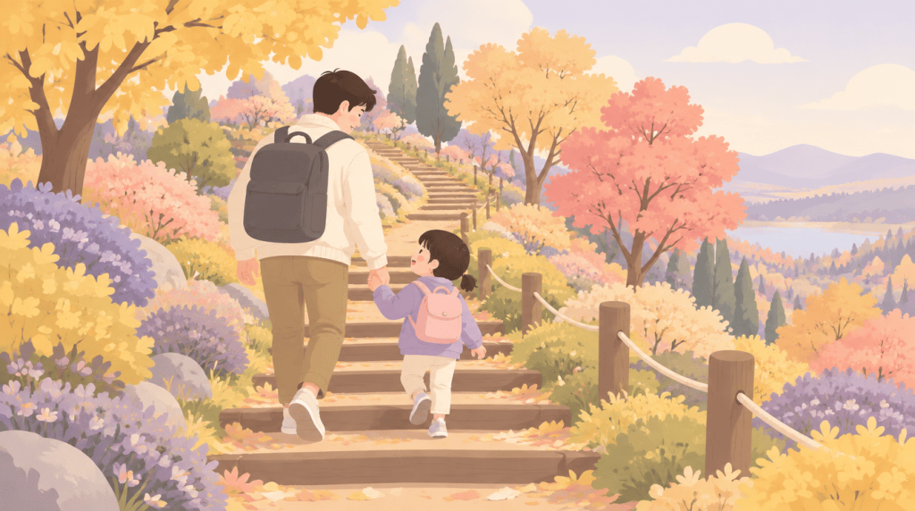 단풍 든 언덕길 계단을 아빠와 손잡고 오르는 아이 일러스트