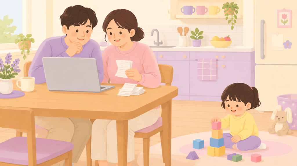 부모가 식탁에서 노트북과 영수증을 보고 아이는 블록 놀이를 하는 일러스트