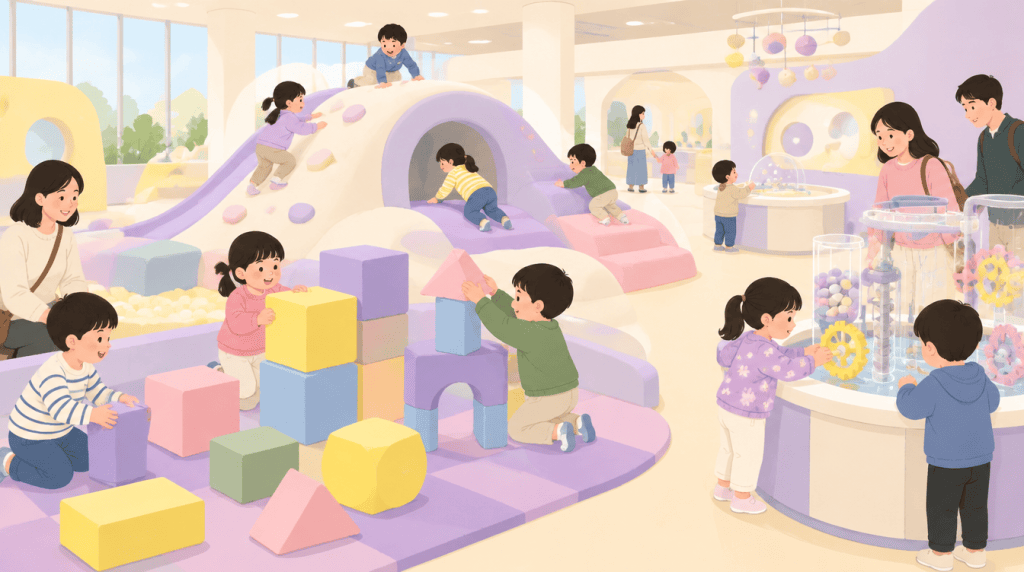 어린이박물관 실내에서 아이들이 놀이 구조물을 오르고 큰 블록을 쌓는 일러스트