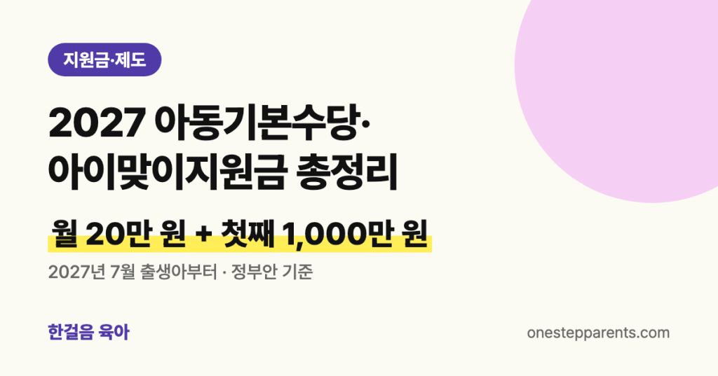 2027 아동기본수당·아이맞이지원금 총정리: 월 20만 원 + 첫째 1,000만 원, 2027년 7월 출생아부터